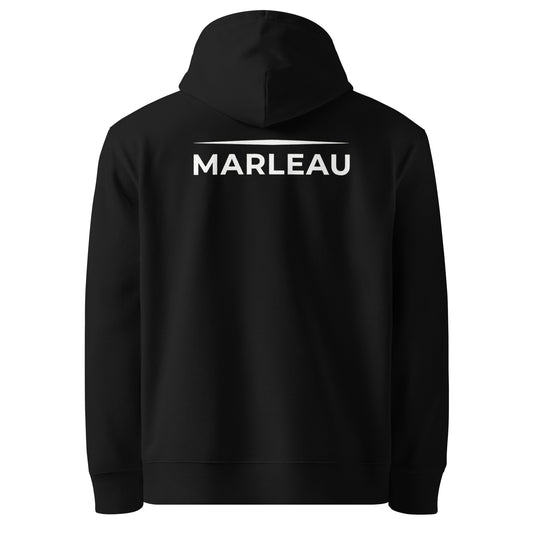 close up horizontal MARLEAU logo minimal back print hoodie
