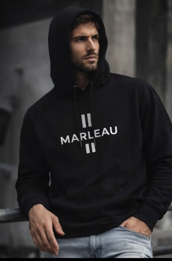 MARLEAU essential plus hoodie black white logo men
MARLEAU hoodie male model casual streetwear
