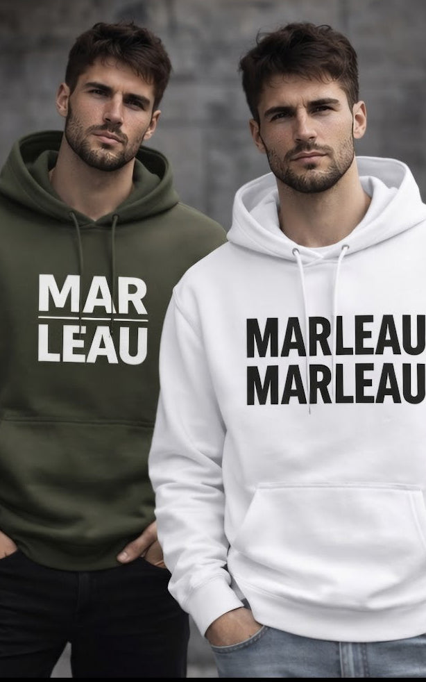MARLEAU hoodie men dual logo design.
MARLEAU two moels wear hoodies, white and grey.
front view