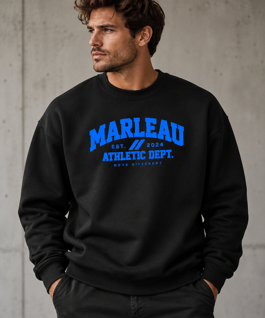 MARLEAU Athletic Dept. Sweater Heren – Zwarte Crewneck met Kobaltblauwe Print
