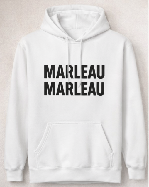 MARLEAU hoodie men dual logo front detail.
MARLEAU hoodie men front view.
MARLEAU white hoodie, black dual logo , front view.