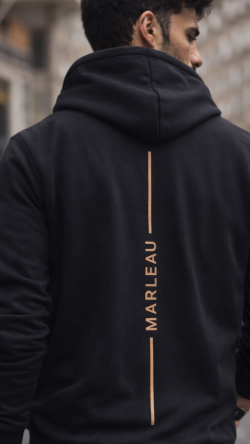 Male model wearing black MARLEAU zip hoodie with bronze vertical back logo